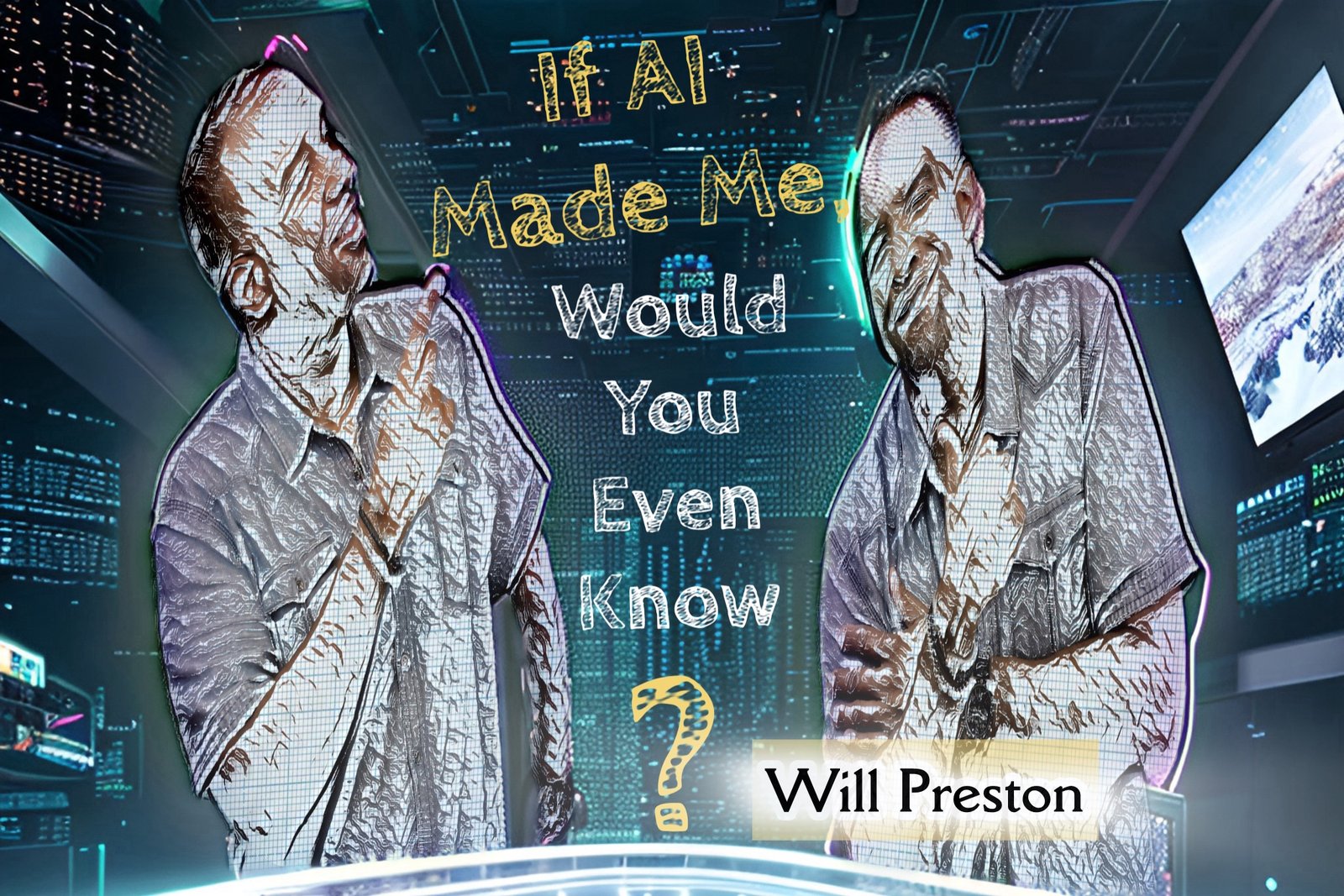 Artistic digital illustration of Will Preston inside a futuristic control room with the text If AI Made Me Would You Even Know?
