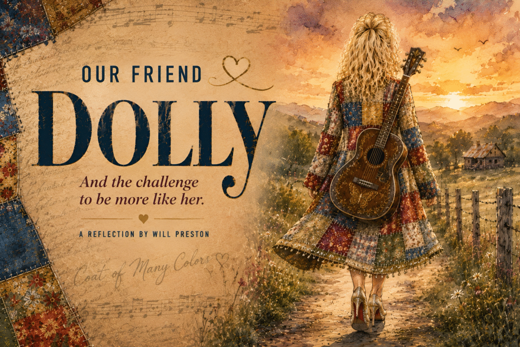 Illustrated tribute to Dolly Parton featuring a woman in a coat of many colors walking toward the Tennessee mountains with a guitar on her back.
